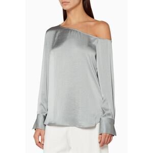 Theory Ulrika 2 Light Blue Satin One Shoulder Long Sleeve Blouse Elegant Chic